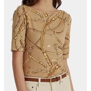 Lauren Ralph Lauren Equestrian Top Womens Small Tan Bridle Horse Knit Tee